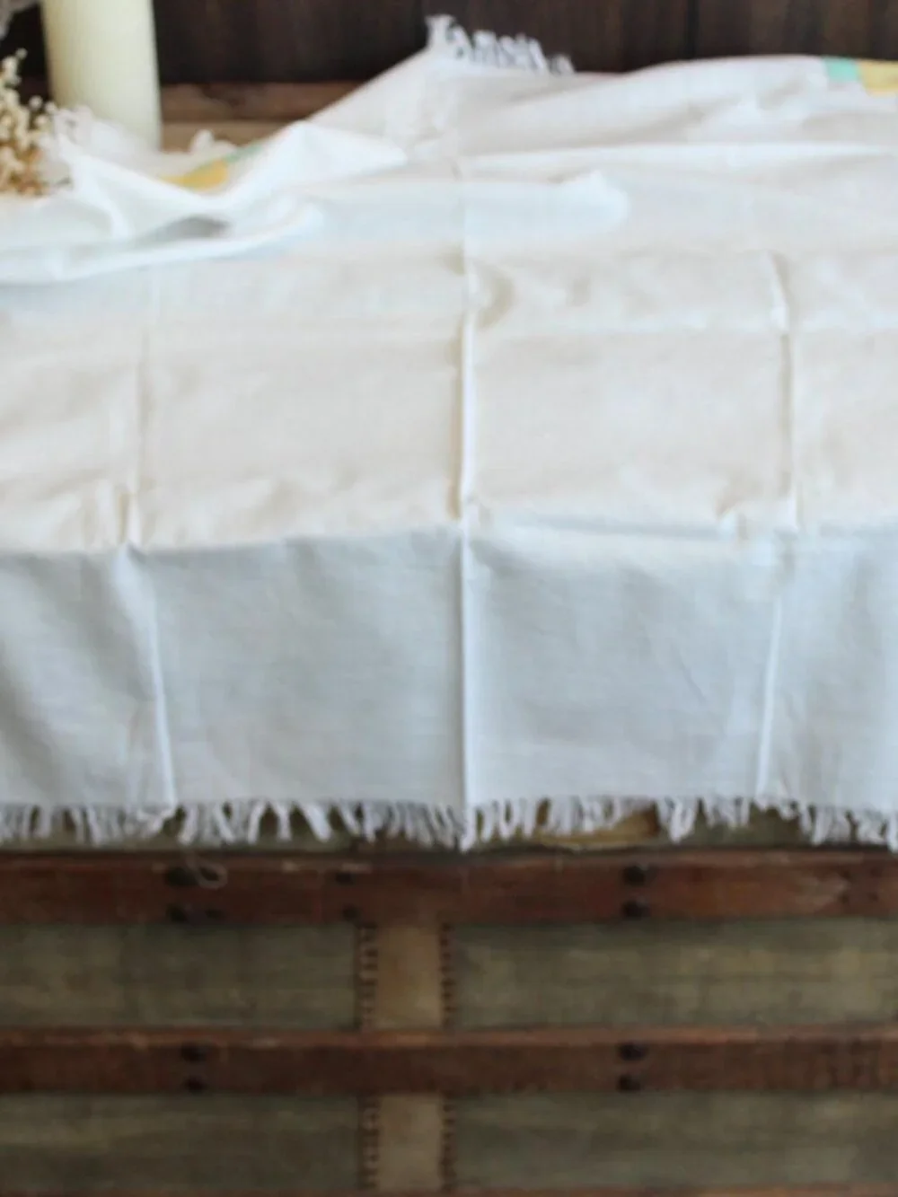 Vintage 1960s Tablecloth, 36 Inch Feedsack With Fringe and Cutwork, Cottage Core